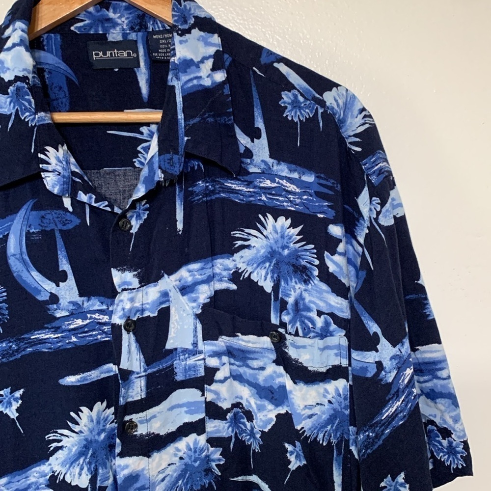 Puritan Men’s Black Blue Light Weight Rayon Tropical Print Hawaiin Shirt Size 2X